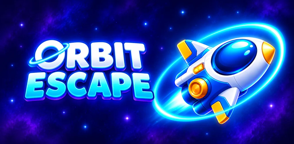 Orbit Escape title beside its white, blue and gold rocket and cyan orbit against a purple space background.
